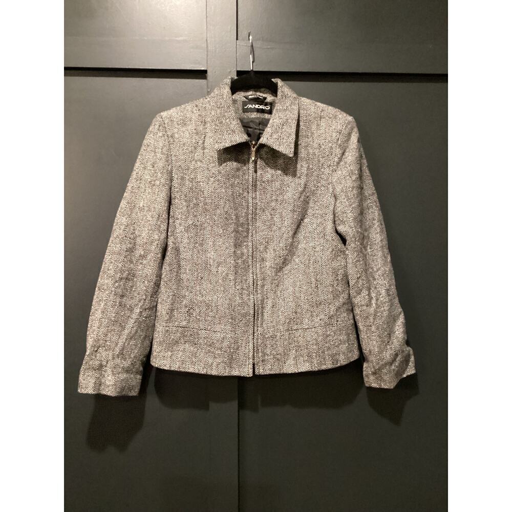 Sandro Blazer Black White Herringbone Zip Front Wool Jacket Size 10 - Picture 6 of 13